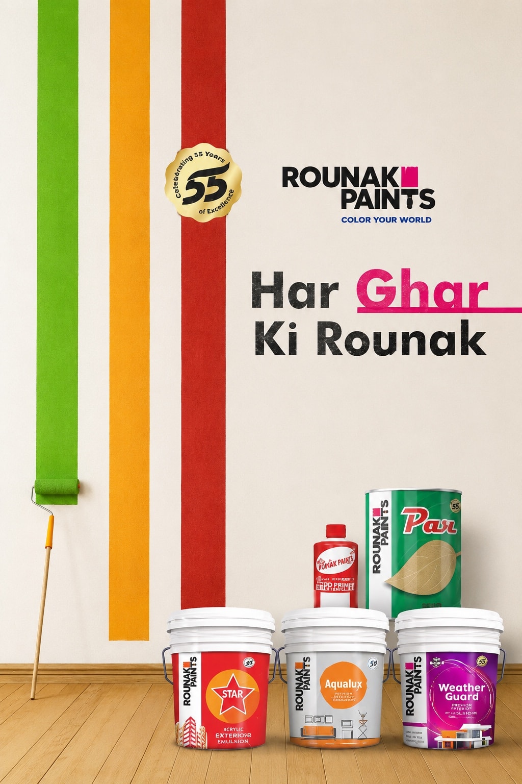 Rounak Paints — Har Ghar ki Rounak. Painted colour stripes, the 55 glorious years badge and products from the Rounak range.